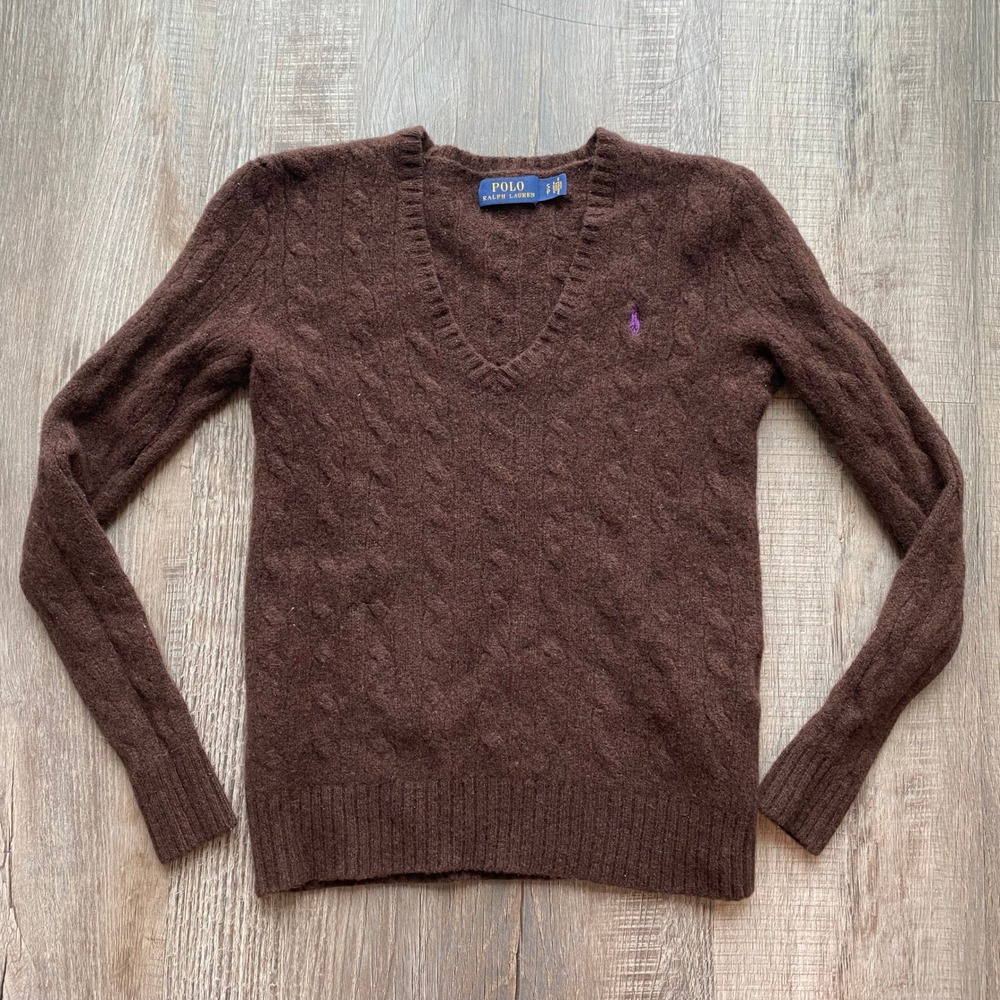 Polo Ralph Lauren Brown Cable-Knit Wool-Cashmere V-Neck Sweater